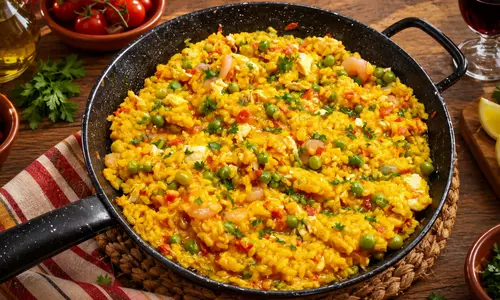 Паэлья с курицей, чоризо и креветками