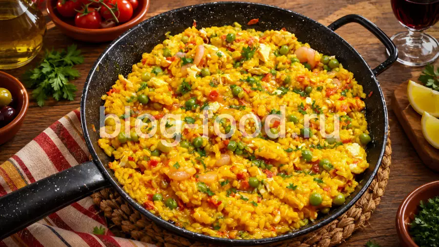 Паэлья с курицей, чоризо и креветками